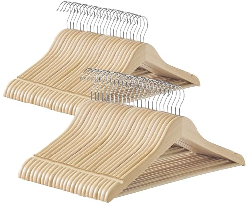 SONGMICS Perchas de Madera, 48 Unidades, Perchas para Abrigos, con Ranuras para los Hombros, Barra para Pantalones, Gancho Giratorio 360°, para Chaquetas Camisas Abrigos, Beige Natural CRW010N48