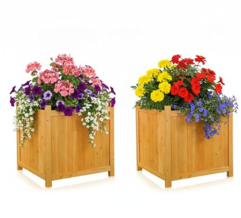 Mucola Blumenkübel Pflanzkübel Holz 2 Stück wetterfest 50x50x50 cm Braun | Pflanzkasten für Blumen, Kräuter und Sträucher, robuste glatte Oberfläche, pflegeleicht, für drinnen und draußen