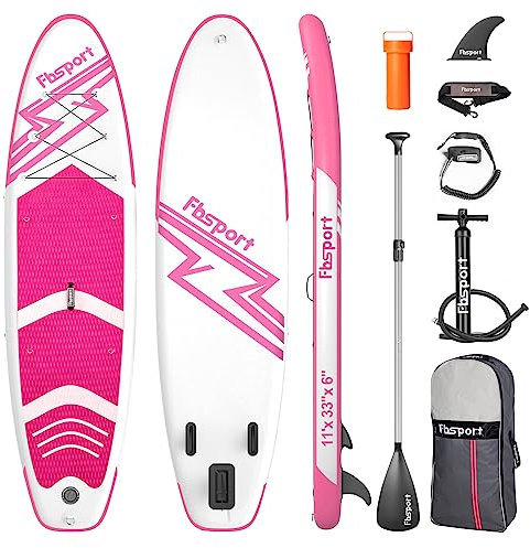 FBSPORT Aufblasbares SUP Board, Stand Up Paddling Board, Aufblasbare Stand Up Paddle Board für Stand-Up Paddling 15CM Dick, Surfbrett Kit mit Verstellbares Aluminium SUP Paddel+Pumpe(Pink)