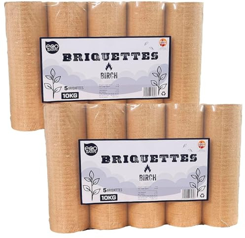 Eco Barn Birch Heat Logs (2 x 10kg Packs) Compressed Log Briquettes for Wood Burners, Stoves, Pizza Ovens or as Evening Briquettes. 100% - Genuine Eco Barn Firewood Logs.