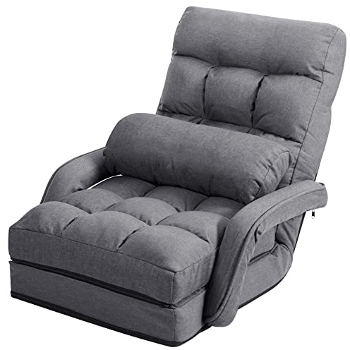 COSTWAY Klappsofa verstellbar, Bodensofa gepolstert, Liegebett mit Armlehnen und Kissen, Bodensessel Bodenstuhl Bodenstuhlsofa für Zuhause und Büro (Grau)