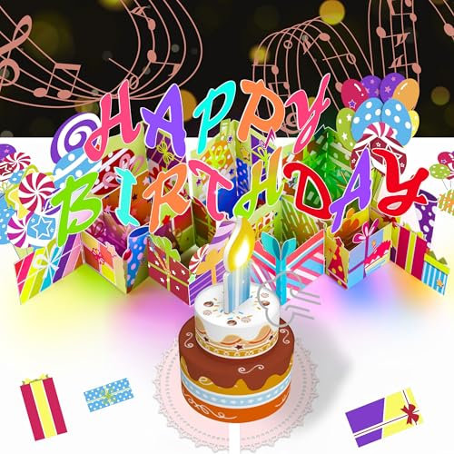 Happy Birthday Pop Up Geburtstagskarte mit ausblasbarer LED-Kerze, Musik und Licht – perfekte Grußkarte, Geschenk und Dekoration für Frauen, Männer, Mütter, Väter, Ehefrauen und Ehemänner