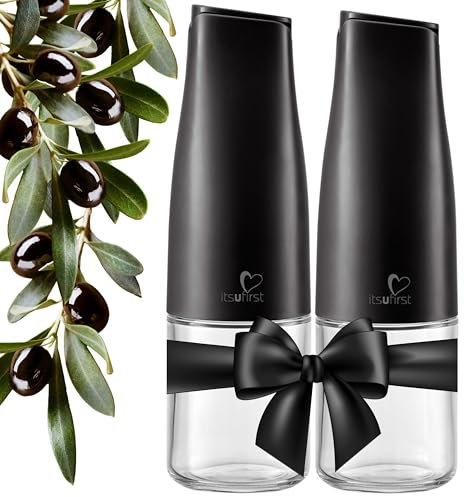 itsufirst® Olive Oil and Vinegar Dispenser Set – 2 x 500ml Glass Pourer Bottles with Auto Flip, Non-Drip, Non-Spill, Leakproof Oil Dispenser Bottles for Kitchen – Celestial (Matte-Black) Pack of 2