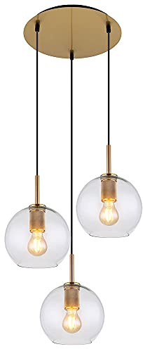 Glaskugel Hängelampe Pendelleuchte Esstisch Glaskugel Hängeleuchte Kugeln, 3 Flammig, Metall messing klar, 3x E27 Fassungen, DxH 47x120cm