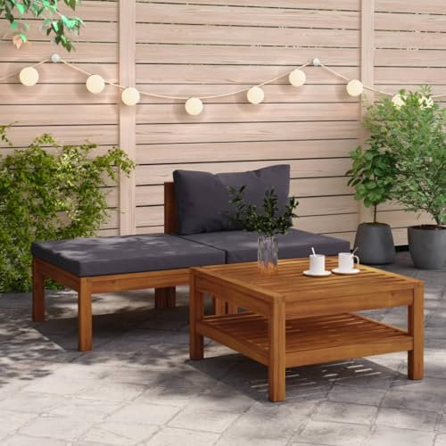 CINDERFUL 3-TLG. Garten-Lounge-Set mit Dunkelgrauen Kissen Akazienholz,Gartenlounge aus Akazienholz: Gemütliches LoungeSet für Garten, Terrasse und Balkon Gartensitzmöbel