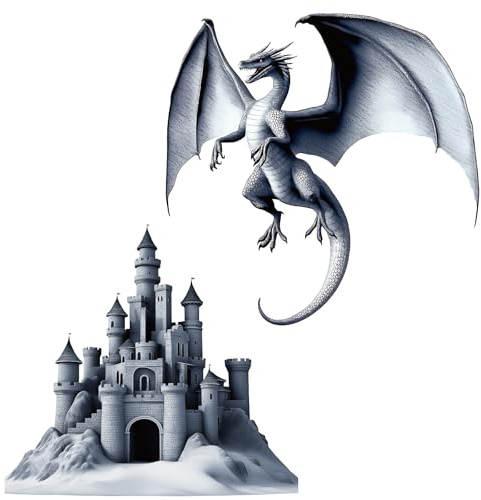 PLIGREAT Vintage Drache und Schloss Wandtattoos, graue fliegende Drachen Wandaufkleber für Schlafzimmer Kinderzimmer Wohnzimmer Spielzimmer Zuhause Indoor Wandkunst Dekoration