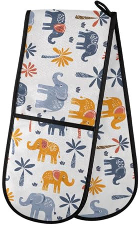 Ofenhandschuhe, doppelte Ofenhandschuhe, Kritzelei-Elefanten, weiß, hitzebeständig, gesteppt, für Grillen, Backen, Küche, Kochen, Handschuhe