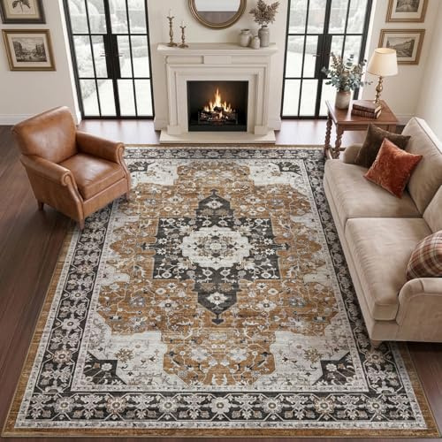 DEXI Teppich Wohnzimmer 122 x 183 cm, rutschfest Vintage Wohnzimmerteppich Waschbar Kurzflor Bettvorleger Teppiche für Schlafzimmer, Esszimmer, Büro, Braun