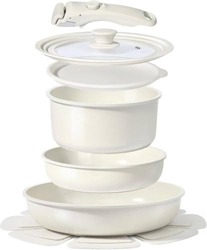 GiPP 8PCS Pots and Pans Set Non Stick,Granite Nonstick Kitchen Cookware Set with Detachable Handle, PFAS & PFOA Free, RV Cookware Set for Camping, Oven Safe(White,8PCS-Big Size)