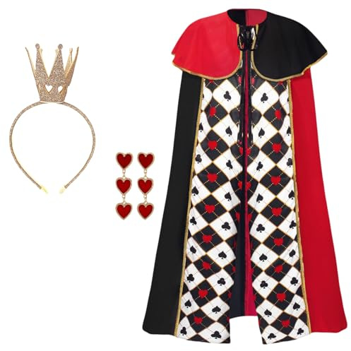 Maazusa Carnaval Reine Cape Déguisements Femmes Reine Adults Déguisement avec Cœur Cape Couronne Boucles d'oreilles en Forme de Cœur Pour Carnaval Anniversaire Party Costume (C Style Cœur rouge 3Pcs)
