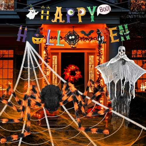Dhnvcud Halloween Deko Riesiges Spinnen, 1.5m Riesenspinne mit 7m Dreieckiges Spinnennetz, 60g Spinnweben, Mini Spinnen, Hängend Geister & Banner Deko für Innen, Garten, Halloween Party Horror Draußen