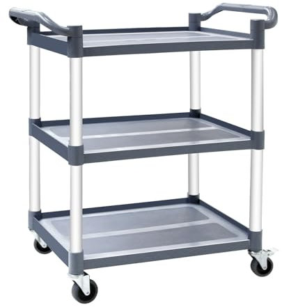 Robuster Rollwagen mit 3 Etagen und feststellbaren Rädern, Kunststoffrahmen und rostfreien Aluminiumbeinen für Restaurant, Küche, Lager und Büro, Grau
