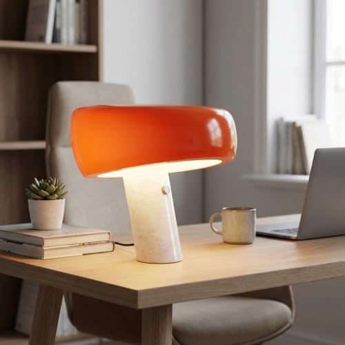 BARCELONA LED Moderne Orange Tischlampe mit Weißem Marmorsockel, Klassisches und Luxuriöses Design für Schreibtisch, oder Wohnzimmer, Retro- und Eleganter Stil, Kleine Direkte E27-Beleuchtung, 28cm