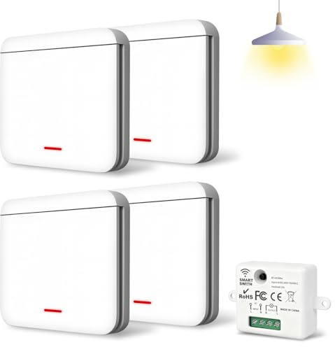Ghekkli Funk Lichtschalter, 433 MHz Funksteckdosen mit Fernbedienung, 2200 W/10 A Funk Schalter und Funk-Empfänger - FunkWandsender (4 Schalter + 1 Empfänger)