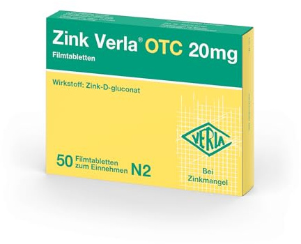 Zink Verla OTC 20 mg Filmtabletten - Arzneimittel mit organischem Zink-D-gluconat zur Behandlung von Zinkmangel, leicht zu schlucken, Einnahme nur 1x täglich, gluten-, laktose-, zuckerfrei, 50 St