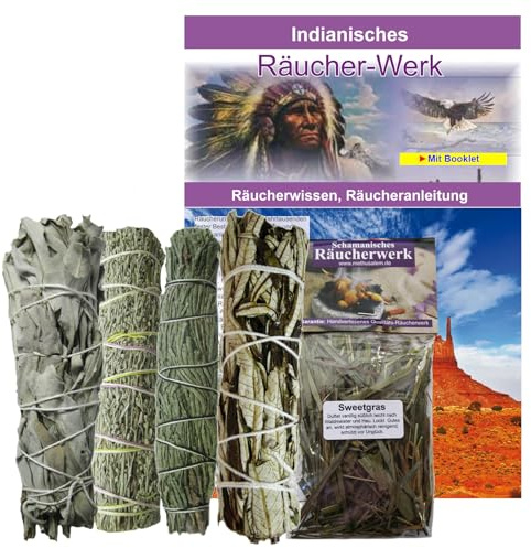 Weißer Salbei + SWEETGRASS + BEIFUSS + Yerba Santa + ZEDER zum räuchern 8-TLG Räucher-Set für RAUHNÄCHTE & energetische Reinigung. Mit Anleitung, Beschreibung, Booklet 81014
