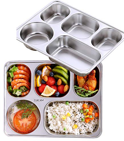 AIYoo Set of 2 Stainless Steel Rectangular Divided Plates Tray 5 Sections Dinner Plates for Adults - Unbreakable Metal Plate for Campers, and Portion Control Reusable Plate