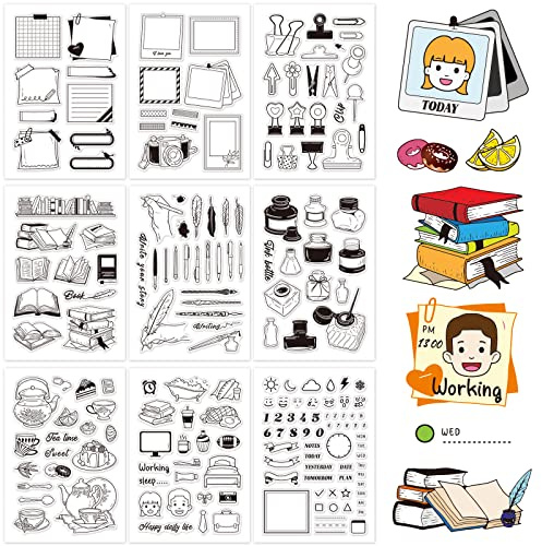 GLOBLELAND 9 ark silikon klara stämplar tätning för korttillverkning dekoration och gör-det-själv scrapbooking (kalenderplanerare, klipp, bok, penna, bläck, dagligt liv, söt tetid)