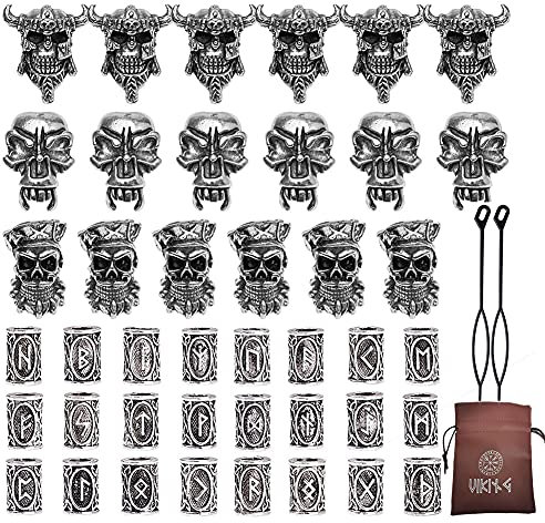 WDBAYXH 42 Teile Set Wikinger Bartperlen Nordischen Schädel Haarperlen Keltisches Haar Flechten Paracord Perlen Charms Lanyard Zubehör Haarschlauch Perlen Armband Anhänger Halskette DIY Schmuck