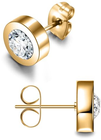 day.berlin Damen Ohrstecker Joy 1cm in Gold, 18k vergoldet mit Kristall (6mm) kleine Ohrringe rund 3mm flach, Edelstahl nickelfrei für Frauen