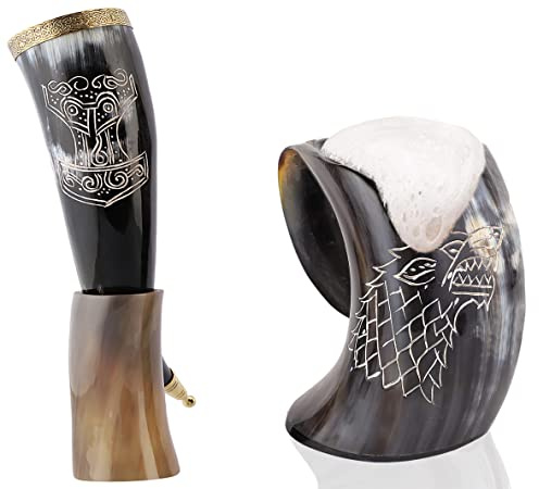 Viking Drinking Horn Mug and Drinking Horn With Stand 16 oz Genuine Handcrafted Cup for Mead, Wine, Ale, Water and Beer Tankard 2 Pcs Set Thor Horn & Lion Mug