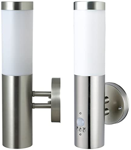 Novatool 2x Wandleuchte Aussen Edelstahl mit und ohne Bewegungsmelder IP44 E27 Sockel 7,8x14,5x36 cm Außenlampe Balkon Außenleuchte Außenbeleuchtung Haus Wandleuchte Aussenbeleuchtung