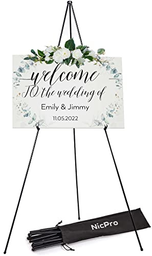 Nicpro Folding Easel for Display, 63 Inch Metal Floor Easel Stand Tripod Black Portable for Artist Poster Wedding with Carry Bag