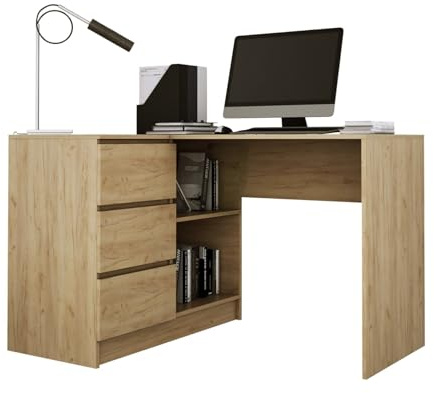 3xE Living Lynna Schreibtisch B16 Links Eiche Craft Kleiner Eckschreibtisch mit DREI Schubladen, Linke Seite, Maße: Höhe: 77 cm, Breite: 124,5/85 cm, Tiefe: 45/48,5 cm