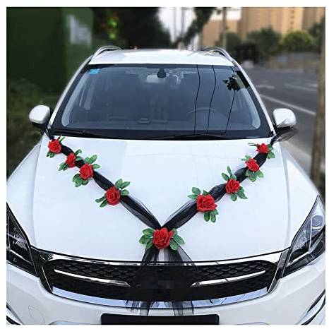 Yurosiay Autoschmuck Hochzeit Auto Blumenschmuck Schwarz Organzaband Romantische Rot Rose Deko Girlande Auto Hochzeit Autoschmuck Blumen Girlande Hochzeitsschmuck Auto Hochzeitsdeko Auto 1#