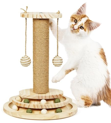 BELLE VOUS 2-in-1 Interaktives Katzenspielzeug mit Drehteller - 2 Stufiges Holz-Katzenspielzeug Selbstbeschäftigung Katzen Kratzbaum für Drinnen/Draußen mit Hängenden Spielbällen, Feder & Kugelbahn