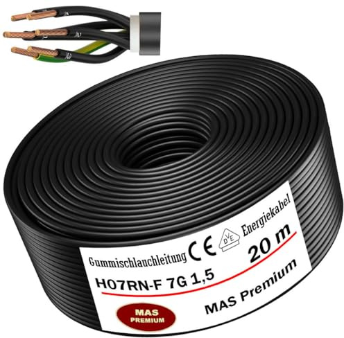 MAS Premium 5-80m Gummischlauchleitung Energiekabel Baustellenkabel H07RN-F 7G 1,5 oder 2,5 Flexibel Leitung mit Schutzleiter für schweren Geräten (H07RN-F 7G1,5 mm², 20m)