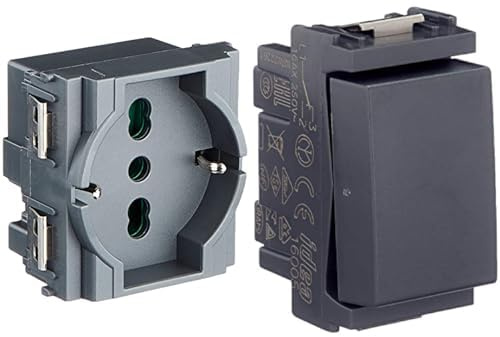 Vimar 0R16211 Idea Presa Da Incasso, Con Protezione Bambini Sicuri Sicury 2P+T 16 A 250 V~ Universale, Grigio + Vimar 0R16005 Idea Deviatore elettrico a muro 1P 16AX grigio