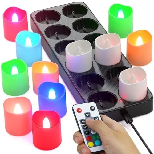 SoulBay Lot de 12 bougies chauffe-plat rechargeables à changement de couleur avec base de chargement et minuterie à distance pour décoration de chambre, table de fête, Halloween, multicolore, 4 cm