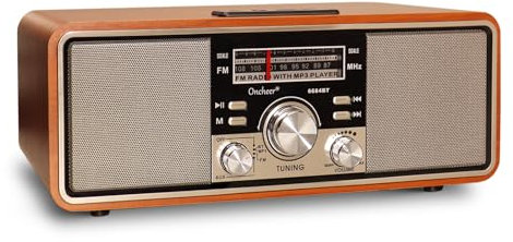 Oncheer Radio FM retro vintage para el hogar, radios de altavoz de madera con emparejamiento Bluetooth TWS, sonido fuerte de bocinas duales, funciona con pilas, estante de habitación, decoración