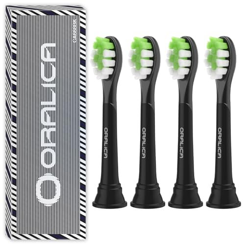 Oralica Kompatibel für Philips Sonicare W DiamondClean Aufsteckbürsten HX6062 HX6063 HX6064, Whitening, Plaque Fleckenentfernung mit mittleren Borsten und Zungenreiniger-Gummi, Schwarz, 4 Stück