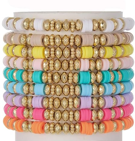 Behrooci Friendship Bracelets Boho Stackable Bracelets for Women Surfer Heishi Clay Bead Bracelet Stretch Preppy Bracelet (9pcs Colorful)