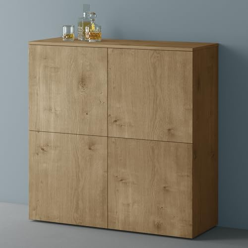 Mai & Mai Sideboard 100cm Kommode 4 Türen Soft-Close grifflos Stauraum | Kommodenschrank, Wohnzimmer Möbel, Flurschrank, bis zu 8 Staufächer, Kerneiche, BxTxH:100x36,4x98cm, Schrank04