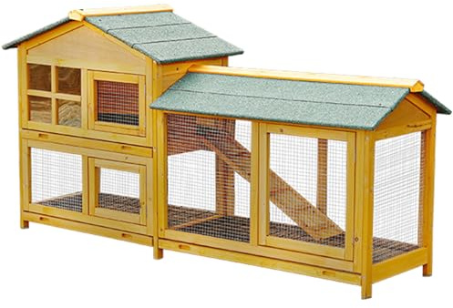 großer Hasenstall aus edlem massiven Vollholz ideal Kaninchenstall aus Holz Kleintierhaus Nagerhaus Kleintierstall Hasenstall Käfige für Meerschweinchen für den Innenbereich Asphaltdach(Color:Gelb)