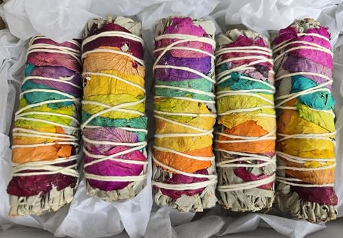 Räucherset Natürliche Zeremonie-7 Chakren Weißer Salbei mit Rosenblüten, 5 Smudge-Sticks