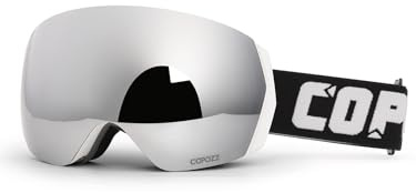 COPOZZ H2 Skibrille, Hyperbolische OTG-Schneebrille, Antibeschlag- und UV-Schutz, Austauschbare Linse, Snowboardbrille für Erwachsene Herren Damen–Schwarzer Rahmen, Silberne Linse (VLT 8,8%)