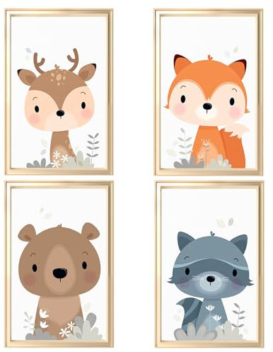 Kaslaider Poster Kinderzimmer Tiere Beige, A4 Bilder Babyzimmer Waldtiere Deko Natur Poster Set 4er Tiere, Kinderposter Junge, Mädchen, Wandbilder Premium Wandposter, 21 x 30 cm - Ohne Rahmen