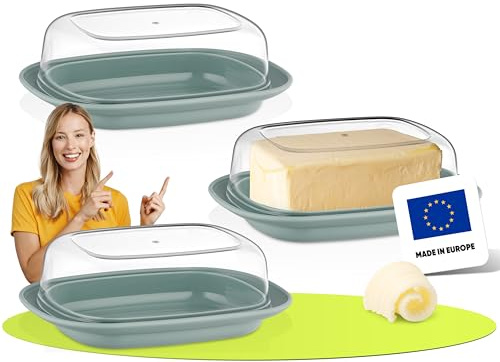 uandu Beurrier en plastique avec couvercle - pour 250 gr de beurre - boite a fromage pour frigo - boite a beurre - couvercle transparent - convient au lave-vaisselle - sans BPA - Vert x 3