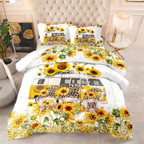 Bettdecke 140X200 Sonnenblumen Zwerg Bettdecken 200Gsm,Dünne Und Leichte Duvet,4 Jahreszeiten Bettdecken,Weiche Mikrofaser Bettdecke Mit 2 Kissenbezüge,Warm Steppbettdecke Für Allergiker