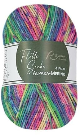 Rellana Alpaka-Sockenwolle, 4-fädig, 100 g, 420 m Lauflänge, 15% Alpaka, Nadelstärke 2-3 mm (3074 pink-lila-grün-gelb)