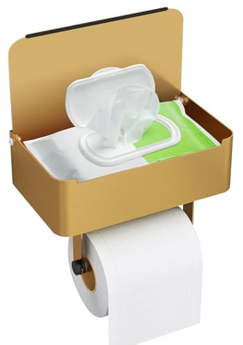 Porte Papier Toilette Mural, Gypie Support Papier Toilette avec Boîte à Lingettes Humides, 304 Acier Inoxydable Porte Rouleau Papier Toilette, Installation avec Vis ou 3M Auto-adhésif, Gold Mat