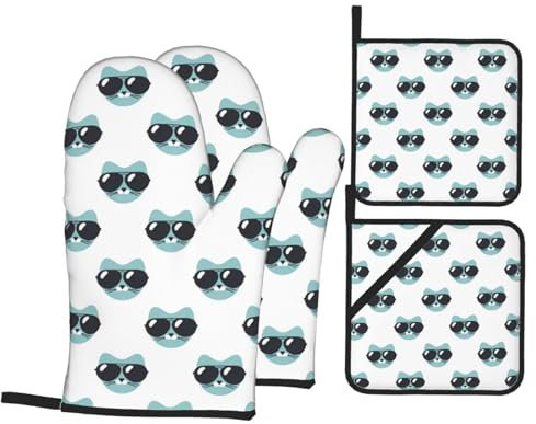 Ofenhandschuhe und Topflappen-Set, Katzen, Sonnenbrillen, hitzebeständig, Küchen-Backhandschuhe, rutschfeste Oberfläche zum Kochen, Backen, Grillen, Grillen