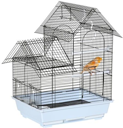 PawHut Gabbia per Uccelli con Vassoio Estraibile, Voliera Per Uccelli in Metallo e Plastica con Pioli e Altalena, 39x33x47cm, Bianco