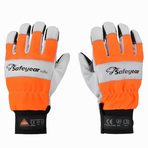 SAFEYEAR Guanti per motosega, M, pelle bovina bianca e rinforzata in PVC, assorbimento degli urti in EVA, arancione fluorescente riflettente, mano sinistra sicura, chiusura in velcro – Durevole e