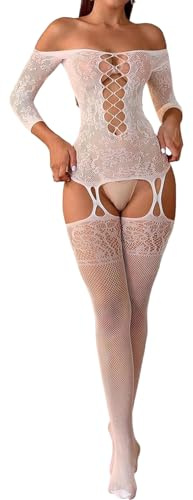Gatamiau Womens Sexy Lace Bodystocking Off Shoulder Fishnet Bodysuit One Piece Garter Lingerie Body Stocking Hollow Out Mesh Underwear Tights Stretchy Jumpsuit Sleepwear