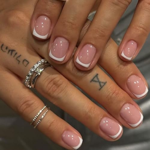 French Tip Nails - 24pcs Short Square False Nails - 12 Sizes Pink Fake Nails - Stick on nails with Glue - Full Cover Acrylic Square False Nail Tips for Women Girls Nail Art Valentines Day Gift